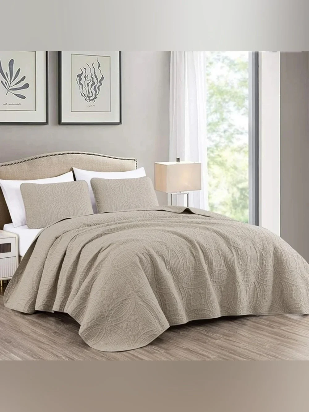 Beige Quilted king 3 piece Bedspread Set